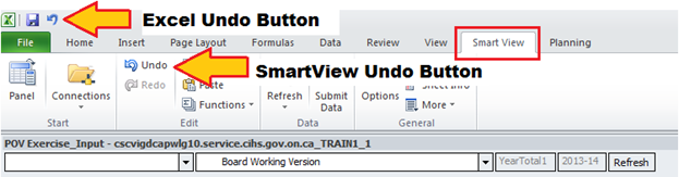 Shows arrows pointing to excel undo button and smartview undo button